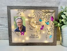 an illuminated photo frame with butterflies on it and a potted plant next to it