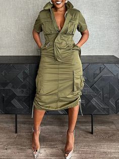 An exclusive offer for you——Affordable prices at Stylewe store, SPU: 11CDR7F1957, Color: Army Green, Dress length:Midi, Accessories:No. Cocktail Chic Attire, Sneakers With Dress, Army Green Outfit, Camo Life, Cargo Dress, Afro Caribbean, Urban Shirt, Random Outfits, Army Green Dress