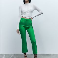 Size Xs. High Waist Pants. Front Welt Pockets. Flared Legs Front Closure With Zipper And Metallic Hook. 52% Cotton 45% Polyester 3% Elastane Green Zara Trousers, Chic Green Zara Bottoms, Zara High Waist Green Pants, Zara Green Straight Leg Pants, Zara Stretch Ankle-length Dress Pants, Zara Green Ankle-length Wide Leg Pants, Zara Green Straight Leg Bottoms, Zara Straight Leg Green Bottoms, Elegant Green Zara Pants