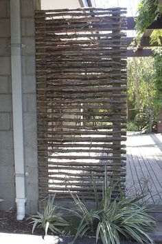 a wooden fence with plants growing out of it