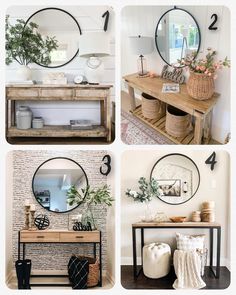 four pictures of different types of furniture and mirrors on the wall, including a table with baskets