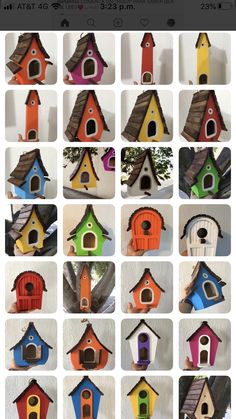 many different colored bird houses are shown in this collage with the same color and size