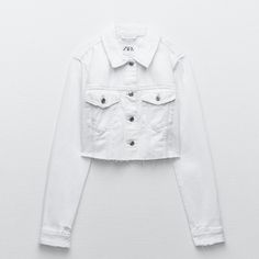 Zara White Cropped Jean Jacket Size Large Never Worn, No Tagged Perfect Conditions Silver Buttons White Cropped Cotton Outerwear, Casual White Cropped Denim Jacket, Chic Cropped White Outerwear, White Cropped Denim Jacket For Spring, Chic White Cropped Outerwear, White Cropped Jacket With Pockets For Fall, White Cropped Outerwear For Winter, Cropped White Winter Outerwear, White Button-up Cropped Jacket For Fall