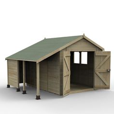 a wooden shed with a green roof and two doors on the side, in front of a white background