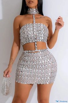 OrcaJump - Alluring Rhinestone Decorated Two-Piece Dress Set for Partygoers Glamorous Silver Fitted Sets, Embellished Silver Party Sets, Glamorous Sleeveless Party Set, Sleeveless Party Sets With Sequins, Sleeveless Sequin Party Set, Fitted Party Sets With Rhinestones, Fitted Rhinestone Party Sets, Glamorous Party Sets For Party Season, Fitted Sleeveless Party Sets