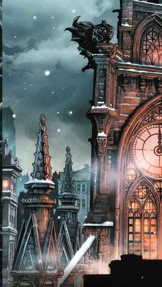 an image of a clock tower in the city at night with snow falling on it