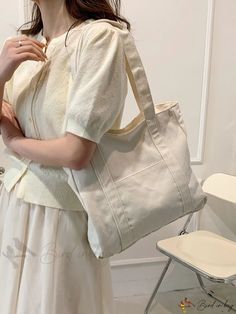 Bird in Bag - Beige Shopping Bag Casual Cream Rectangular Satchel, Simple Beige Square Shoulder Bag, Casual Beige Square Shoulder Bag, Casual Beige Shoulder Bag For School, Beige Canvas Bag For School In Summer, Beige Square Canvas Bag For School, Beige Square Bag With Pockets, Casual Cream Rectangular Canvas Bag, Simple Beige Satchel Shoulder Bag