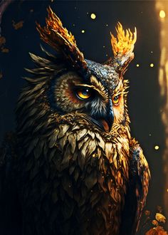 an owl with yellow eyes is standing in front of a fire and leaves wallpaper