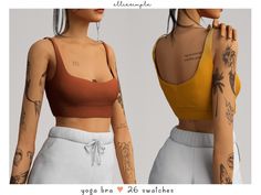 two women wearing crop tops with tattoos on their arms and shoulder, both in different colors