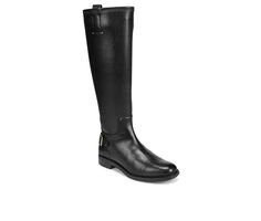 Inspired equestrian style. Saddle up to these exquisite knee high, wide-calf boots with classic detailing. Synthetic leather or synthetic leather/fabric upper partially made from recycled materials. Side zipper closure. Almond toe. Buckle detail at heel. 15.94 inch shaft height, 16.14 inch circumference. Note: Measurements based on size 6 boot. For each half size up from a 6, shaft height increases by . 12 inch, circumference by . 20 inch. 1 inch heel. PU (Faux Leather) upper, Full length instep Fall Riding Knee-high Boots, Wide Calf Riding Knee-high Boots For Winter, Wide Calf Knee-high Riding Boots, Elegant Wide Calf Knee-high Riding Boots, Elegant Wide Calf Knee-high Boots For Riding, Fitted Knee-high Riding Boots, Leather Knee-high Riding Boots, Womens Boots Knee High, Wide Calf Knee High Boots