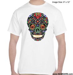 a man wearing a white t - shirt with a colorful skull on it