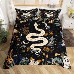 a bed with a black and white snake on it, surrounded by plants and skulls