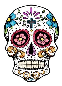 a sugar skull with flowers on it's face and cross in the middle of its forehead