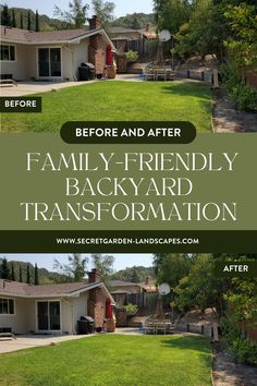 the before and after image of a backyard transformed to a back yard with green grass