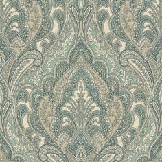 a blue and beige wallpaper with an ornate design