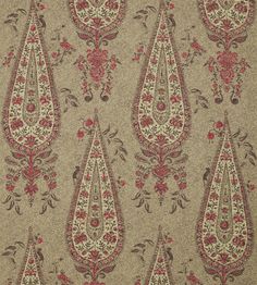 an old fashioned wallpaper with red flowers and paisley designs on it's surface