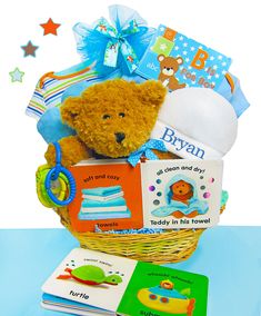 Baby Gift Basket - Baby Boy Baskets – StorkBabyGiftBaskets.com Welcome Gift Basket, Huggable Teddy Bear, Baby Shower Host, Baby Shower Gift Basket, Baby Baskets, Brown Teddy Bear, Personalized Baby Boy, Baby Gift Basket