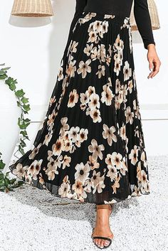 Black Floral Printed Chiffon Elastic High Waist Pleated Long Skirt Black Chiffon Skirted Bottoms, Black Chiffon Pleated Skirt Bottoms, Chic Floral Print Chiffon Skirt, Chic Chiffon Floral Print Skirt, Chic Chiffon Skirt With Floral Print, Black Flowy Chiffon Skirt, Black Flowy Skirt For Spring, Elegant Black Floral Print Maxi Skirt, Elegant Black Maxi Skirt With Floral Print