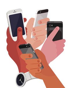 several hands holding cell phones with different icons coming out of the screen and pointing at them