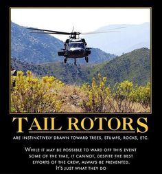 a helicopter flying over a lush green hillside next to a quote that reads tail rotors