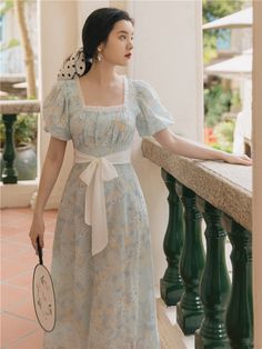 Welcome To flowersverse Official Store! Retro Blue Puff Sleeve Dress, Blue Cottagecore Dress With Puff Sleeves, Elegant Fashion Outfits, Long Dress Summer, Lace Dress Design, Korean Design, Elegant Midi Dresses, Floral Chiffon Dress, Lace Outfit