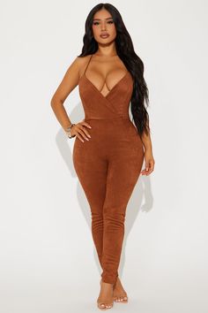 Available In Camel. Faux Suede Jumpsuit Adjustable Straps Surplice Padded Cups Surplice Skinny Leg X-Back Hidden Back Zipper Stretch Shell: 92% Polyester 8% Spandex Imported | Keep My Cool Faux Suede Jumpsuit in Camel size Medium by Fashion Nova Suede Jumpsuit, Jumpsuits For Women, Faux Suede, Fashion Inspiration, Fashion Nova, Jumpsuit Romper, Camel, Adjustable Straps, Jumpsuit