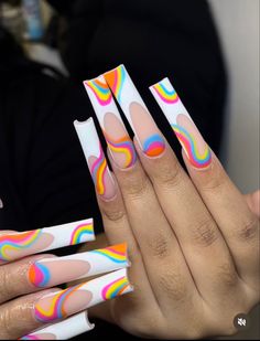 Vacation Long Acrylic Nails, Nicki Inspired Nails, Long Square Summer Nails, Lsd Nails, Pride Nail Ideas, Pride Nail, Colourful Acrylic Nails, Acrylic Nails Long, Long Acrylic Nail Designs