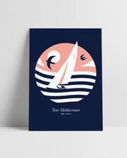 a card with an image of a sailboat in the ocean at sunset or sunrise