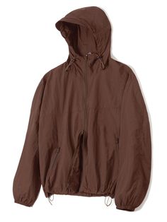 It is a casual windbreaker jacket with a two-way waterproof zip closure. The jacket has a mesh lining, which is lightweight and breathable. It has a horizontal seam line on the front as a point. Drawcords on the hood and hem can be used to make different silhouettes.- Brim on hood- Elastic cuffs- Side pockets- Basic design Brown Nylon Outerwear For Streetwear, Fall Nylon Track Jacket With Double-lined Hood, Outdoor Nylon Windbreaker With Zipper Closure, Hooded Nylon Sport Coat For Fall, Functional Brown Nylon Outerwear, Spring Nylon Track Jacket With Double-lined Hood, Brown Hooded Nylon Windbreaker, Brown Hooded Nylon Outerwear, Brown Long Sleeve Nylon Windbreaker