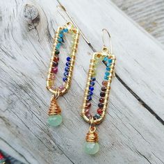 These Were 100% Handmade By Me In My Small Studio! They Are One Of A Kind. Wire Wrapped Semi-Precious Stones Connected To Brass Link Connectors With Micro Faceted Onion Shaped Seafoam Gemstone Dangles. Lightweight Statement Earrings Dressy, Yet Versatile! Dress Them Up Or Dress Them Down With A Simple Tee Shirt And Distressed Jeans For A True Bohemian Look. Gemstones: Peridot Lapis Lazuli Morganite Garnet Blue Topaz Dangle: Micro-Faceted Onion Shaped Milky Green Chalcedony Briolette Drop In A Lo Bohemian Rainbow Wire Wrapped Earrings, Jewelry 2024, Wire Ideas, Urban Jewelry, Wrap Earrings, Green Chalcedony, Simple Tee, Evil Eye Earrings, Earring Ideas