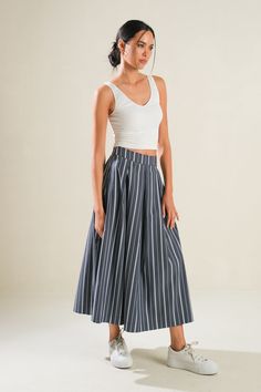 A striped woven full skirt with side zipper closure. Matching Top FT1310. Details: Self : 70% Cotton 27% Nylon 3% SpandexContrast : 100% Polyester Size & Fit - Model is 5`8" And Wearing Size Small- Measurements Taken From Size Small- Approx. Length: 33" Relaxed Striped Midi Skirt, Striped Flowy Midi Skirt, Striped Relaxed Fit Midi Skirt, Free People Better Days Midi Skirt, Blue Gathered Midi-length Maxi Skirt, Vintage Inspired Design, Matching Top, Full Skirt, Side Zipper