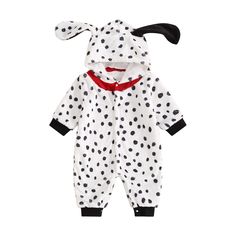 a white and black dalmatian onesuit with polka dots on the front, red collar