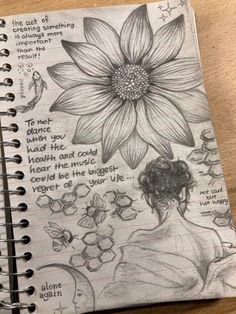 a drawing of a flower with words written on the page and an image of a woman's face