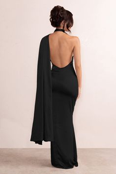 Mademoiselle Black Satin Asymmetric Scarf Neck Backless Maxi Dress – Club L London - USA Club London Dress, Black Backless Prom Dress, Black Backless Dress Formal, Backless Formal Dress, Satin Design, Stretch Satin Fabric, Prom Inspo, Black Tie Wedding Guests, Deb Dresses