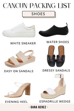 the top ten shoes for women in white and black, with text that reads cancun