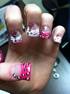 Short nail design Mcbling Nails Short, Cheetah Acrylic Nails, Nails Zebra Print, Mcbling Nails, Scene Nails, Pink Zebra Nails, 2000s Nails, Duck Nail, Flare Nails