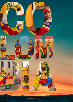 a collage of photos with the words go now in different colors and sizes, including an image of people dressed in colorful clothing