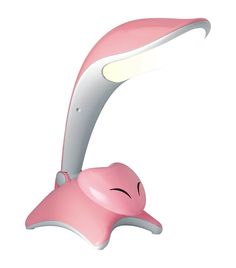 a pink lamp with a white light shining on it's side and a sleeping face in the middle