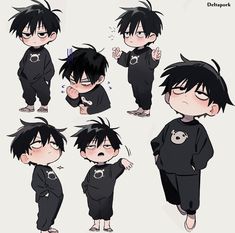 various poses of an anime character with black hair and dark clothes, one in the process of