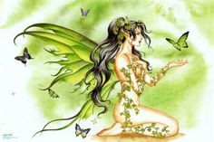 a beautiful fairy sitting on top of a green leafy plant with butterflies around her