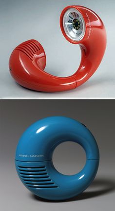 two different views of an alarm clock on top of a blue and red object in the middle