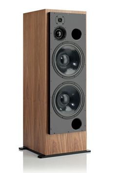 the speaker is made out of wood and has two speakers on each side of it