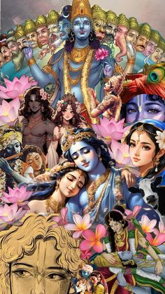 an image of the avatars of deities and their respective characters in various poses, with lotuses all over them