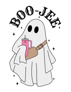 a ghost holding a drink in its hand with the words boo - o - weel on it