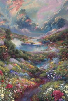 a painting of flowers and clouds in the sky above a river with water running through it