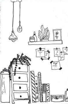 a black and white drawing of a room with plants on the shelves, bookshelves, and other items