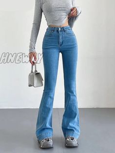 Hnewly Stretch Jeans Flared Trousers Women’s Pants Y2K Fashion High Waist Vintage Casual Baggy Y2k Wide Leg Denim Blue Pants, Y2k Style Full Length Blue Pants, Y2k Style Blue Full Length Pants, Y2k Blue Full-length Pants, Blue Full Length Y2k Pants, Non-stretch Y2k Flare Jeans, Blue Y2k Full Length Bottoms, Blue Y2k Full-length Bottoms, Y2k Straight Leg Blue Bottoms