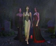 three women standing in front of a grave with candles on the ground and trees behind them