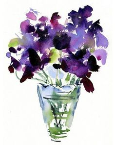 watercolor painting of purple flowers in a glass vase