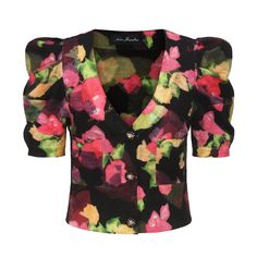 a women's blouse with flowers on the front and shoulder, in black and pink